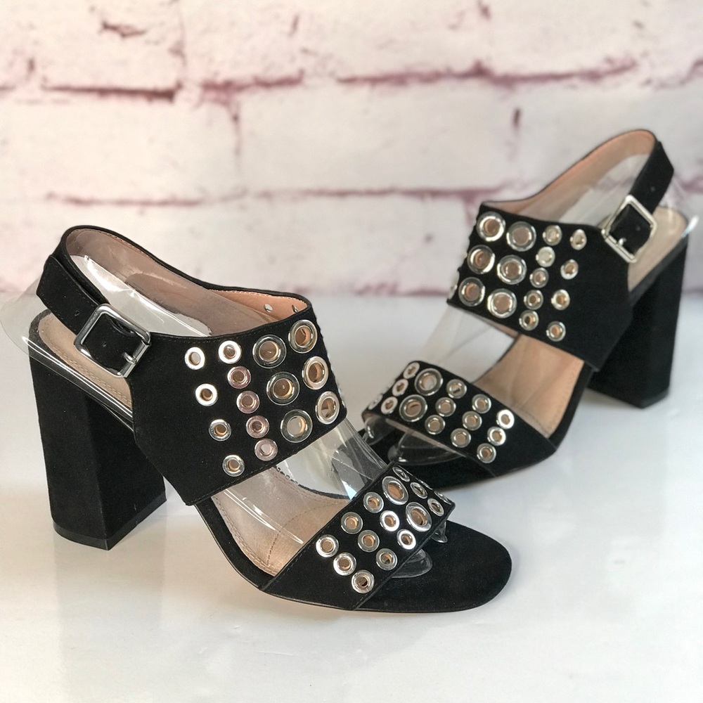 TOPSHOP Black Suede Silver Grommet Block Heel Ankle Strap Slingback Heel NWT 9.5 - Picture 13 of 16